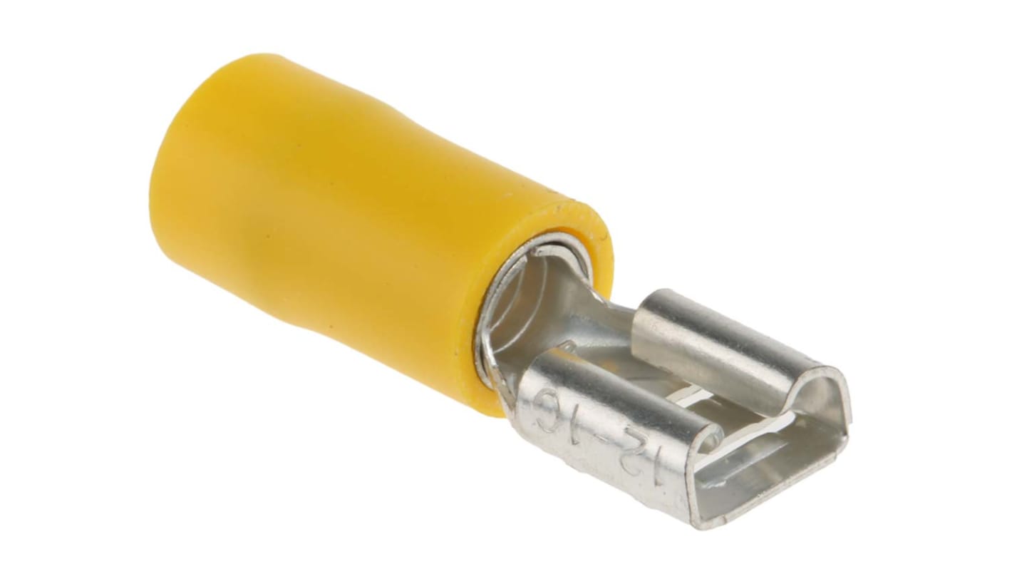 Terminal de lengüeta hembra aislado de color Amarillo RS PRO de crimpar, 6.3 x 0.8mm, 2.5mm² → 6mm², long. 24.6mm, de