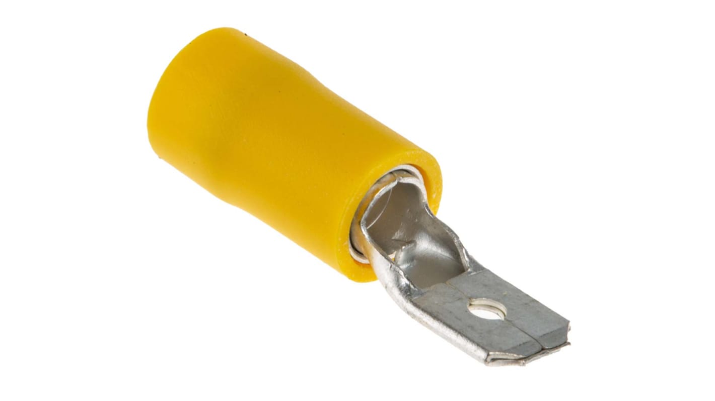 Terminal de lengüeta macho aislado de color Amarillo RS PRO de crimpar, 6.35 x 0.8mm, 2.5mm² → 6mm², long. 25mm, de