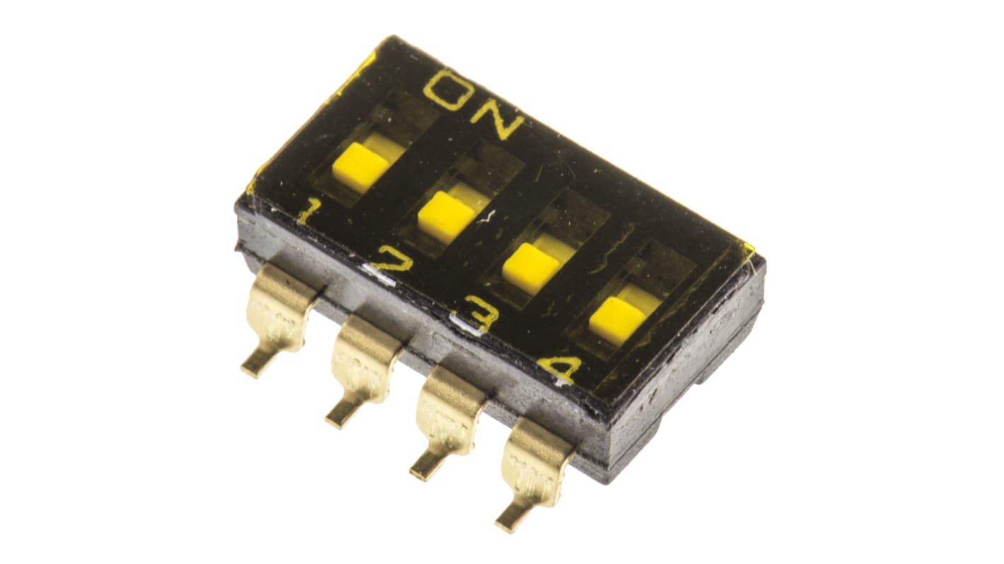 DIP switch 4PST, , SMD, Skyde 25 mA ved 24 V dc, 4-vejs, -20 → +70°C