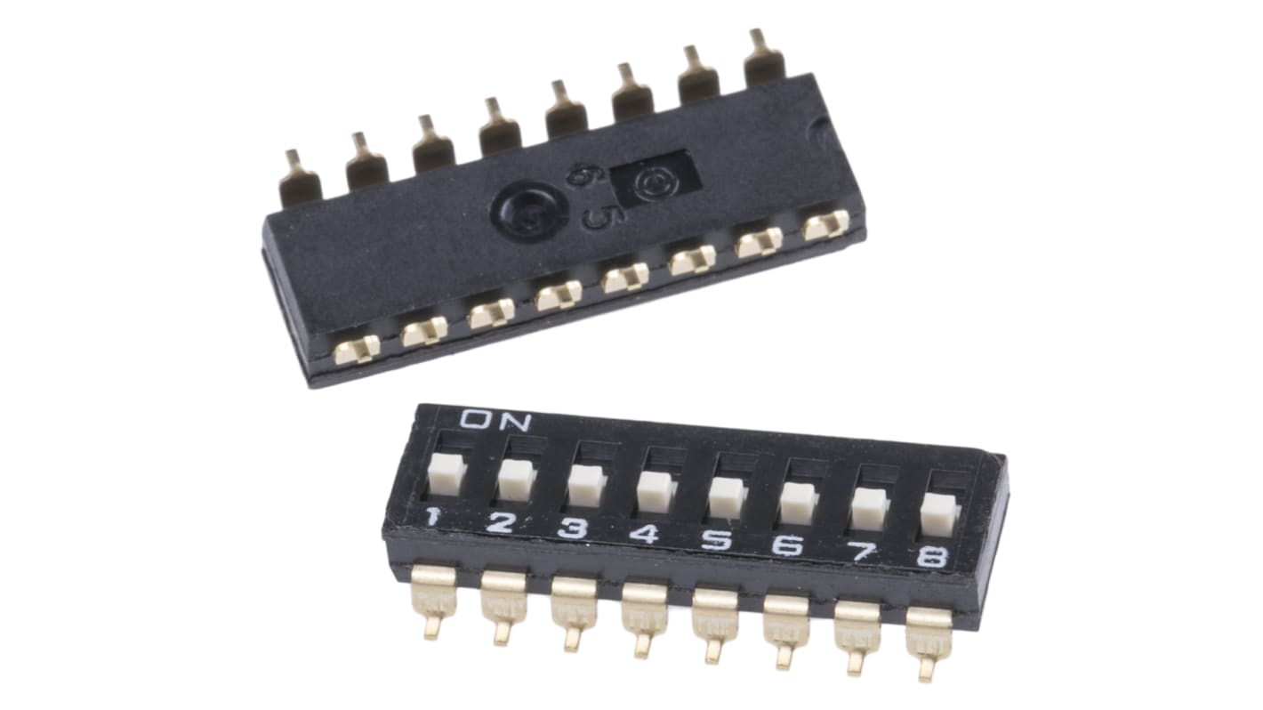 DIP switch, 8-polet, , SMD, Skyde 25 mA ved 24 V dc, 8-vejs, -20 → +70°C