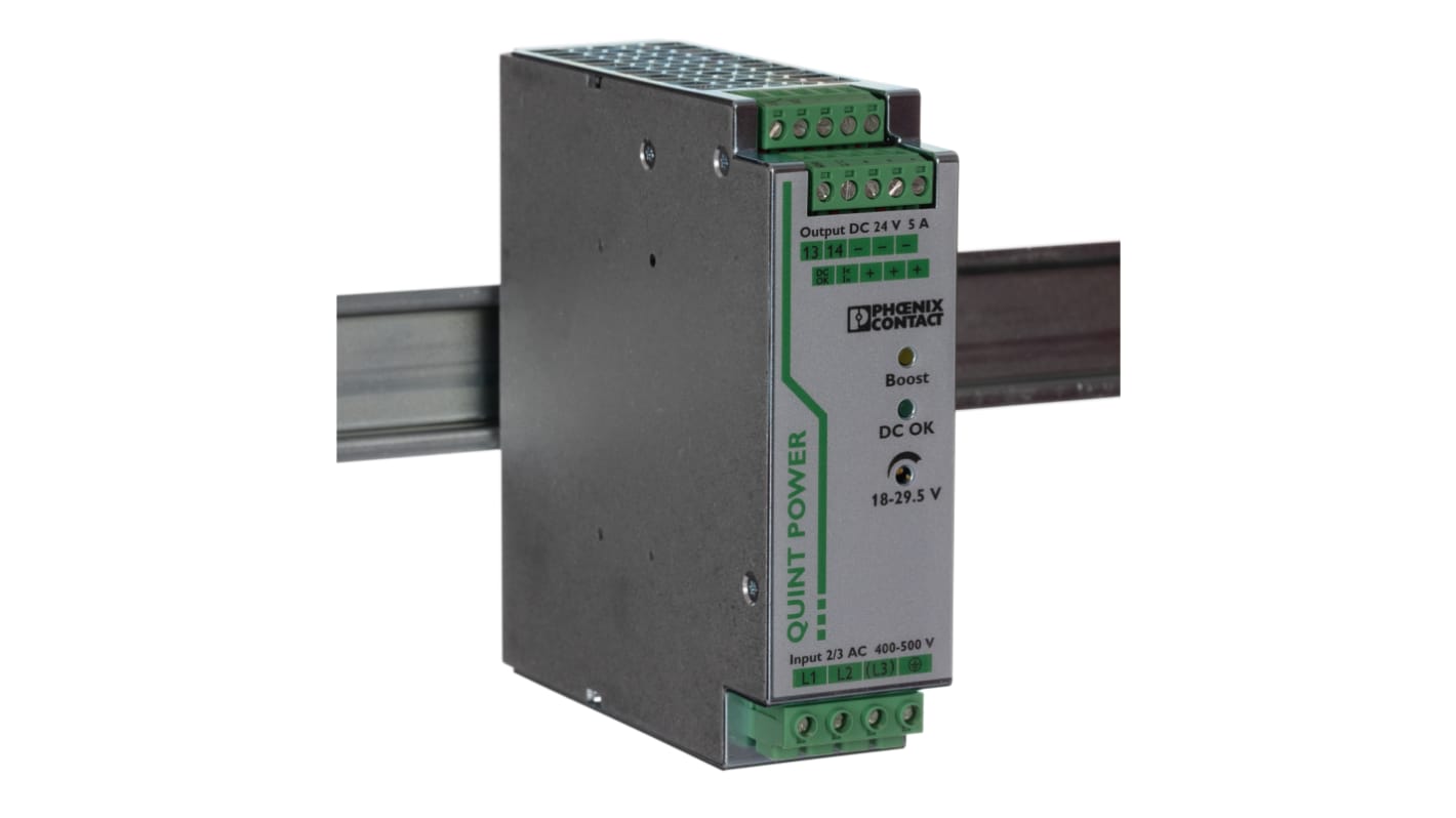 Phoenix Contact QUINT POWER Switched Mode DIN Rail Power Supply, 400V ac ac Input, 24V dc dc Output, 5A Output, 120W