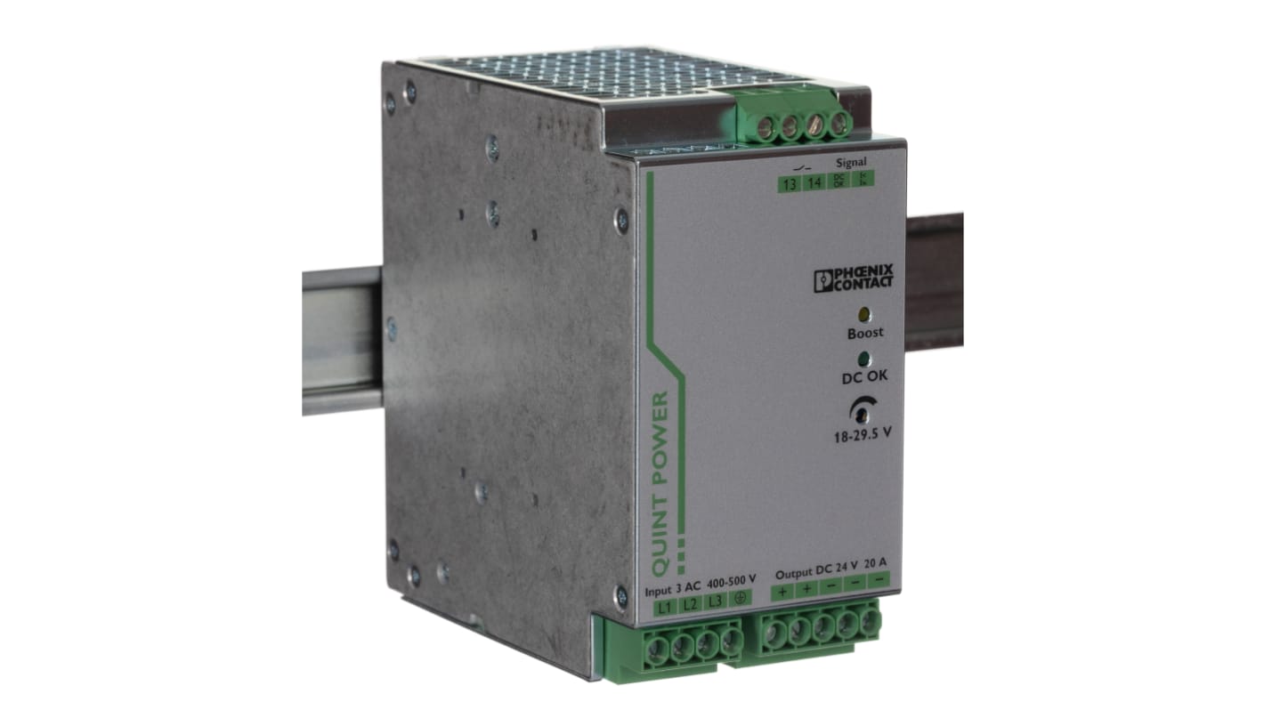 Phoenix Contact QUINT POWER Switched Mode DIN Rail Power Supply, 400V ac ac Input, 24V dc dc Output, 20A Output, 480W