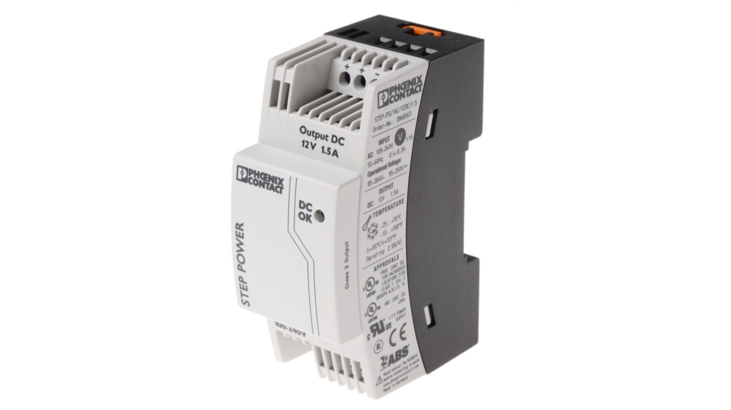 Phoenix Contact STEP-PS/1AC/12DC/1.5 Switched Mode DIN Rail Power Supply, 85 → 264V ac ac Input, 12V dc dc