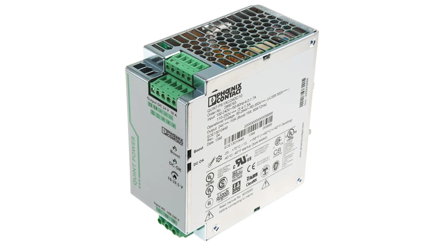 Phoenix Contact QUINT POWER Switched Mode DIN Rail Power Supply, 85 → 264V ac ac Input, 24V dc dc Output, 10A