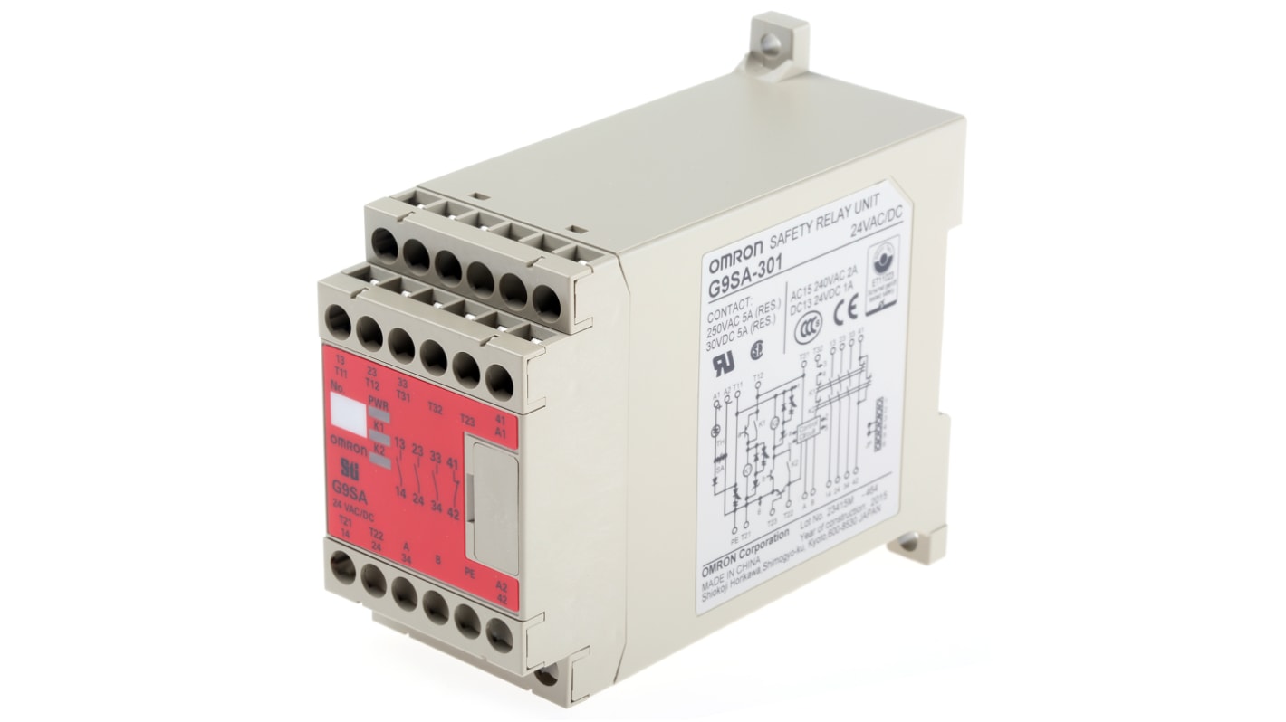 Omron G9SA Sicherheitsrelais, 24V ac/dc, 1, 2-Kanal, 3 Sicherheitskontakte Not-Aus, 1 Hilfsschalter, 4 ISO 13849-1,