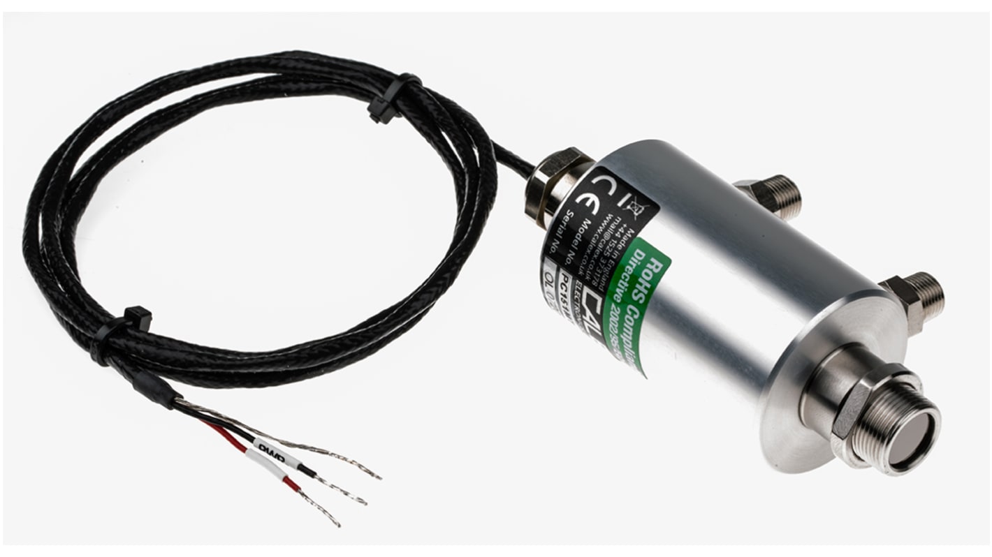 Sensor de temperatura infrarrojo Calex PC151MT-0WJ , de 0°C a +250°C, long. cable 1m, salida 4-20 mA, Ø 40 mm