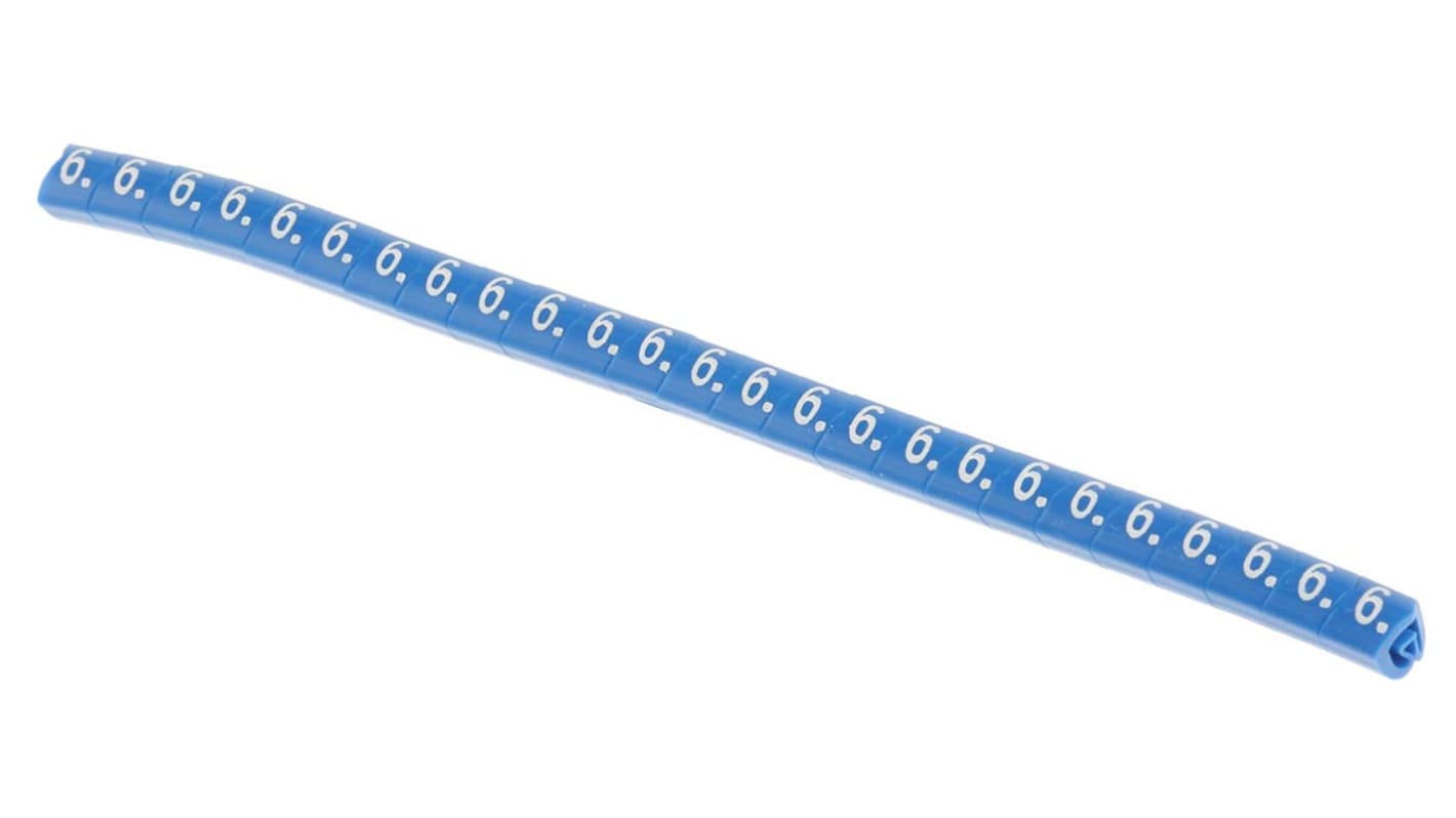 HellermannTyton Helagrip Kabel-Markierer, aufsteckbar, Beschriftung: 6, Weiß auf Blau, Ø 2mm - 5mm, 3.5mm x 4,3 mm, 250