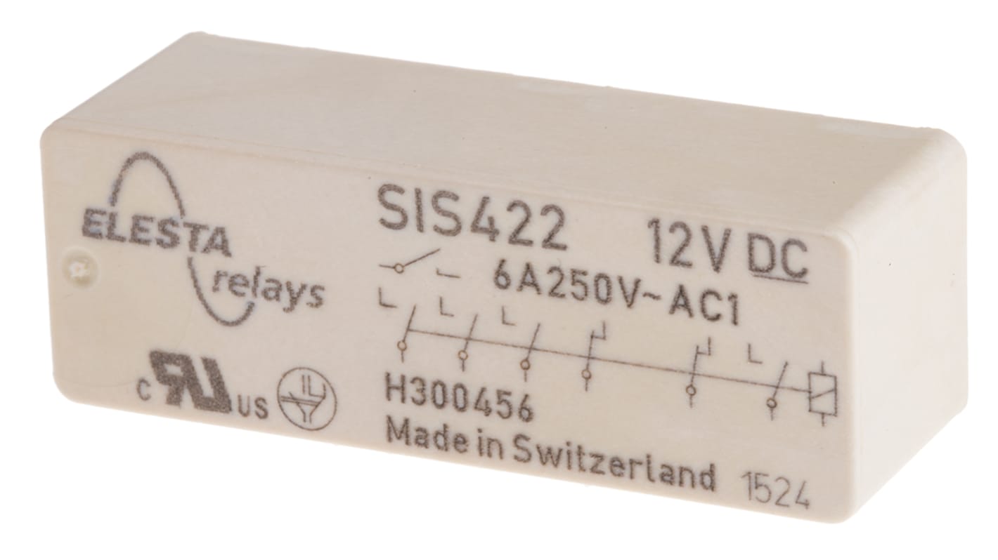 Relè contatti guidati Elesta SIS 6, 12V cc, 4PST, DPST, 6A, Montaggio su circuito stampato