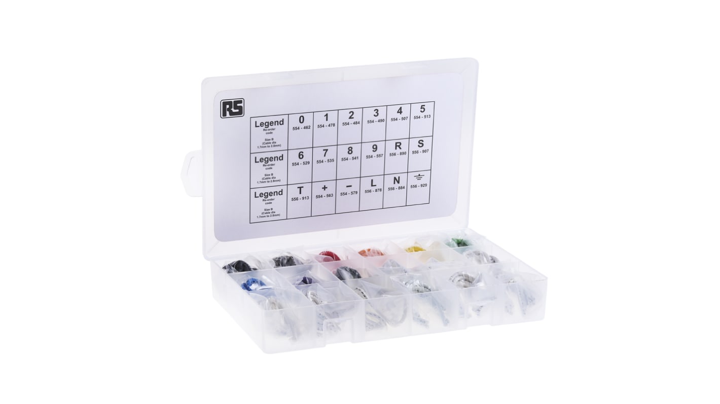 Kit de Marcador de Cable HellermannTyton Helagrip de PVC, multicolor, texto: -, +, 0 → 9, Earth, L, N, R, S, T,