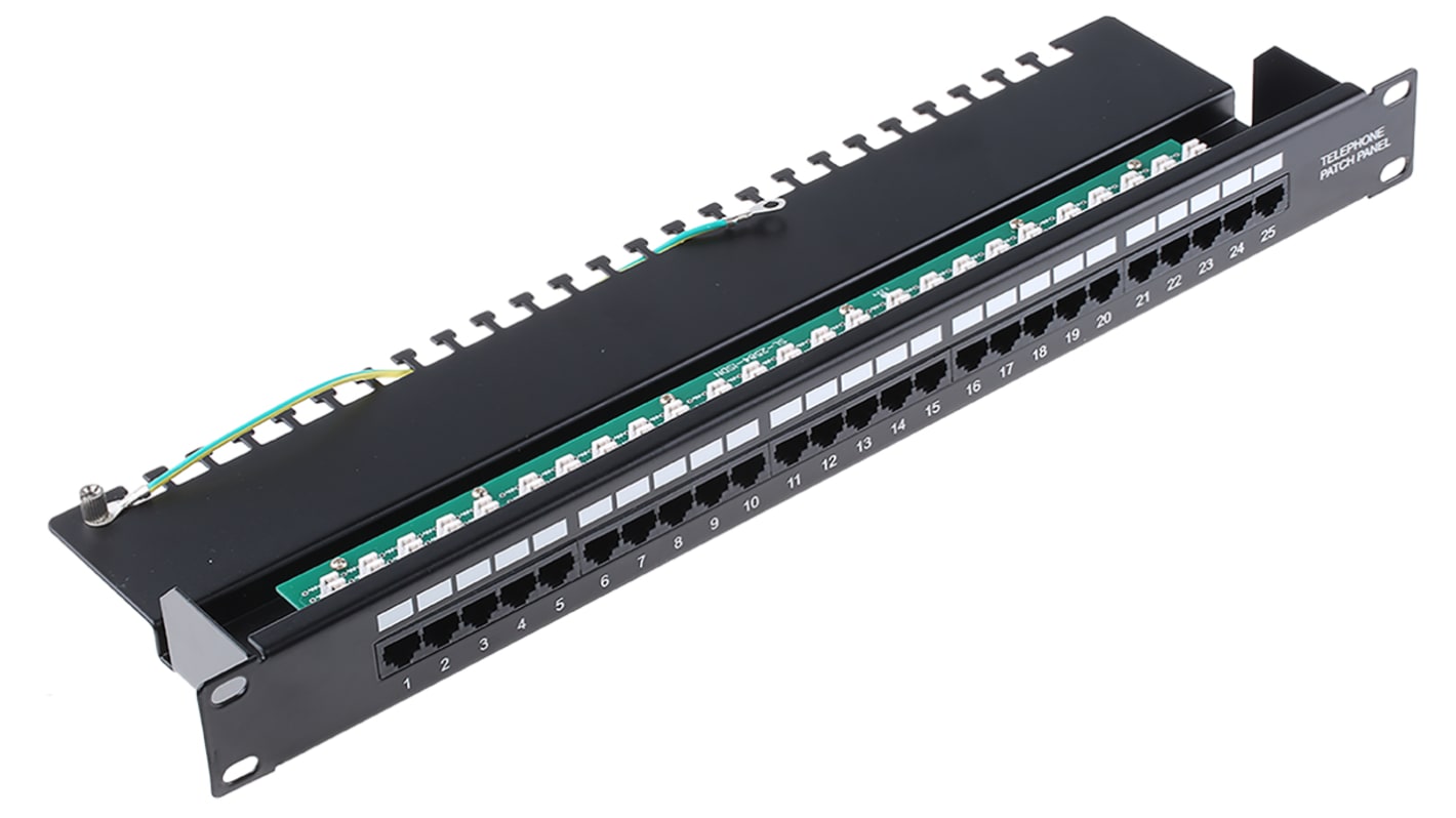 RS PRO Cat3 25 Port RJ45 Voice Patch Panel UTP 1U Black