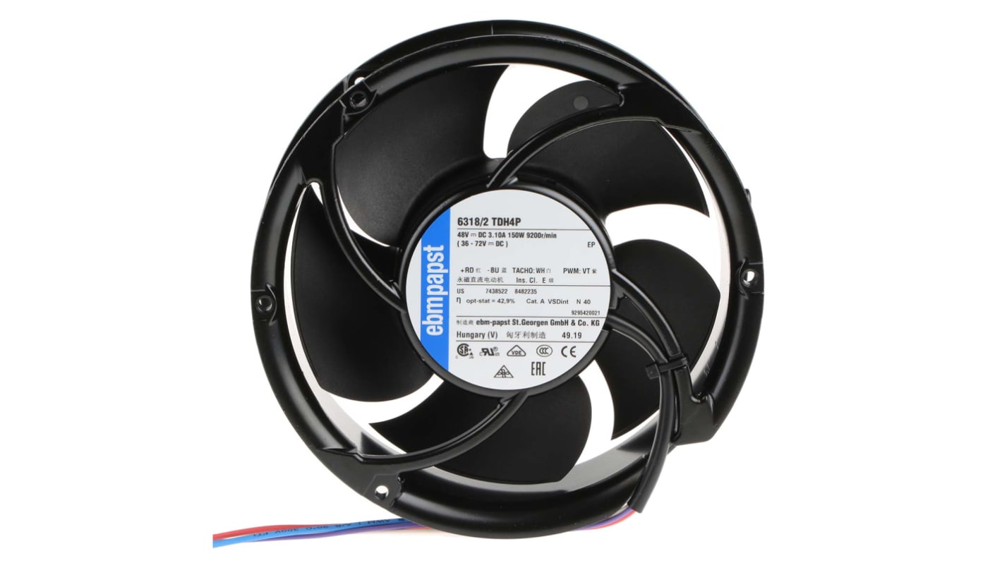 Axiální ventilátor, řada: 6300 TD - S-Force DC, 172 x 51mm, průtok vzduchu: 950m³/h 150W 48 V DC Kruhový