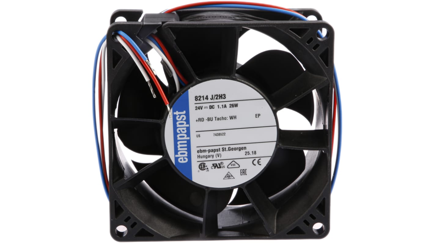 ebm-papst 8200 J Series Axial Fan, 24 V dc, DC Operation, 190m³/h, 26W, 80 x 80 x 38mm