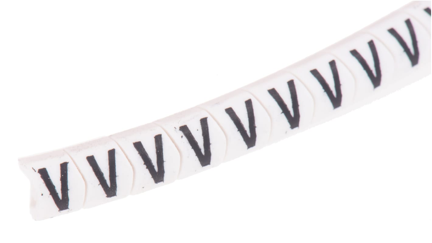 HellermannTyton Helagrip Slide On Cable Marker, Black on White, Pre-printed "V", 2 → 5mm Cable