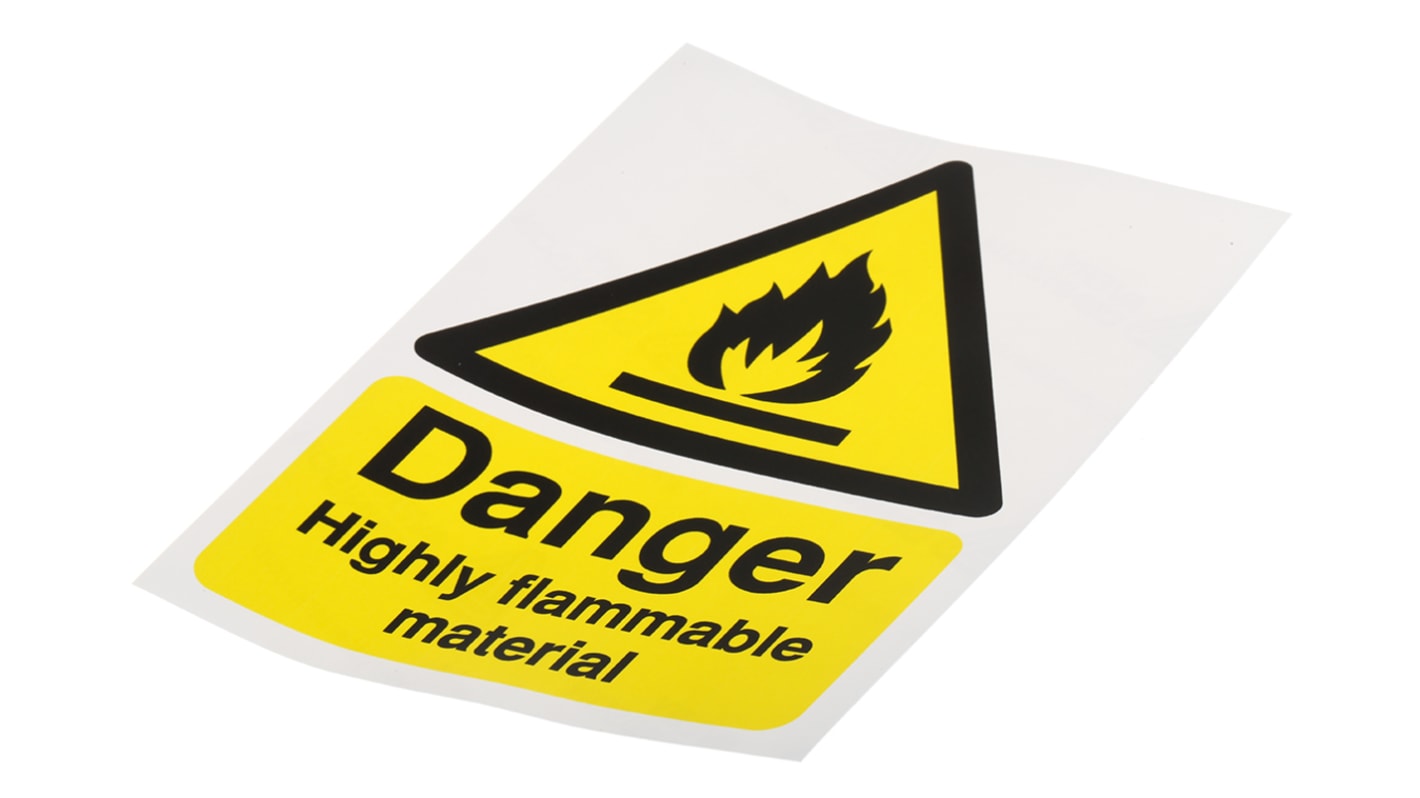 Signs & Labels Black/Yellow Vinyl Safety Labels, Danger Highly Flammable Material-Text 200 mm x 150mm