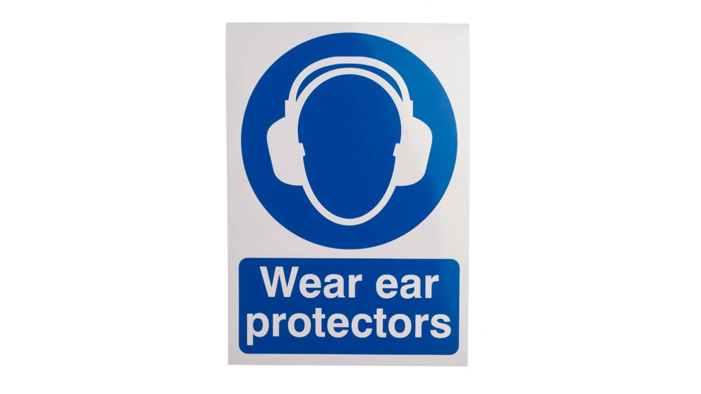 RS PRO Vinyl Blå/hvid Wear Ear Protection Påbudsetiket, Engelsk Wear Ear Protectors-tekst