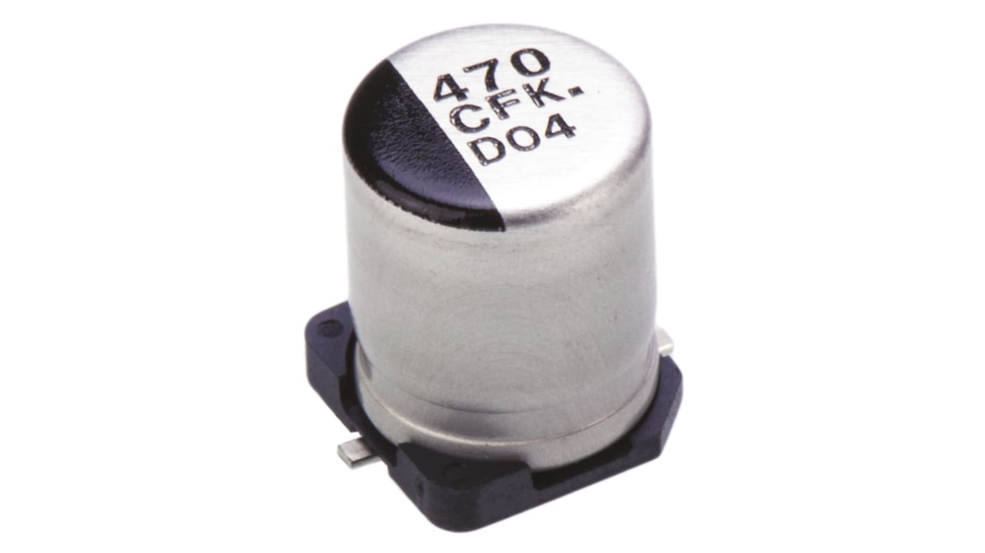 Condensador electrolítico Panasonic serie FK SMD, 470μF, ±20%, 16V dc, mont. SMD, 8 (Dia.) x 10.2mm