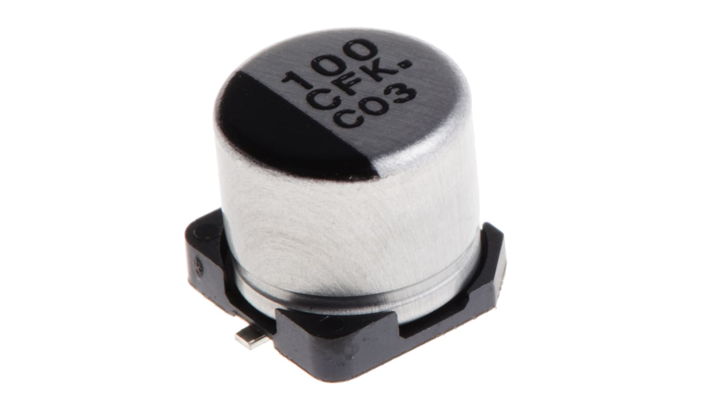 Condensador electrolítico Panasonic serie FK SMD, 100μF, ±20%, 16V dc, mont. SMD, 6.3 (Dia.) x 5.8mm, paso 1.8mm