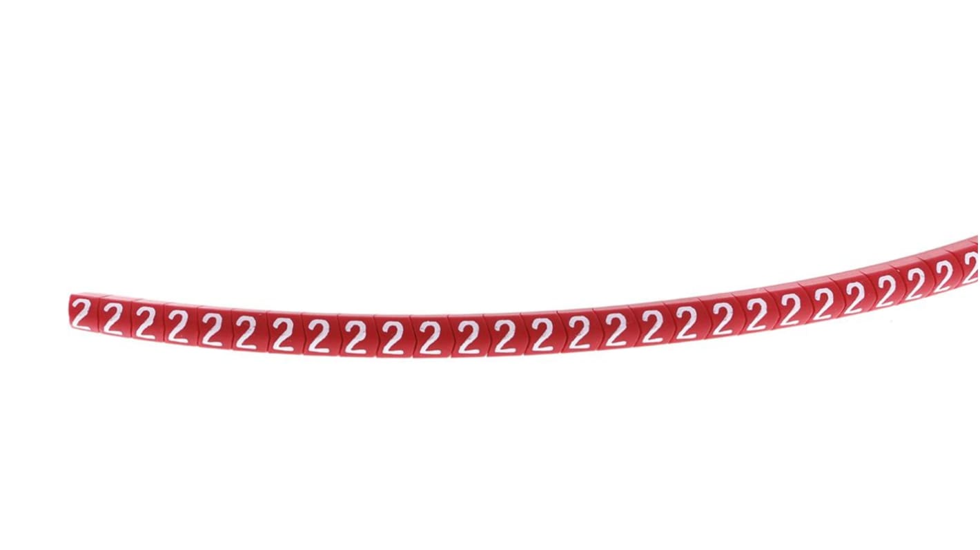 HellermannTyton Helagrip Kabel-Markierer, aufsteckbar, Beschriftung: 2, Weiß auf Rot, Ø 2mm - 5mm, 3.5mm x 4,3 mm, 1000