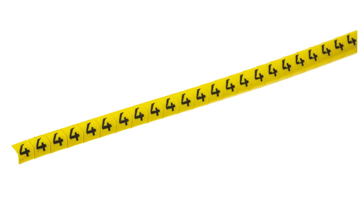 HellermannTyton Helagrip Slide On Cable Markers, Black on Yellow, Pre-printed "4", 2 → 5mm Cable