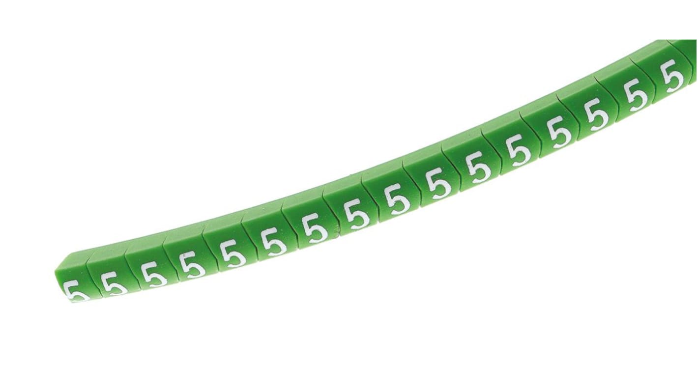 HellermannTyton Helagrip Slide On Cable Markers, White on Green, Pre-printed "5", 2 → 5mm Cable