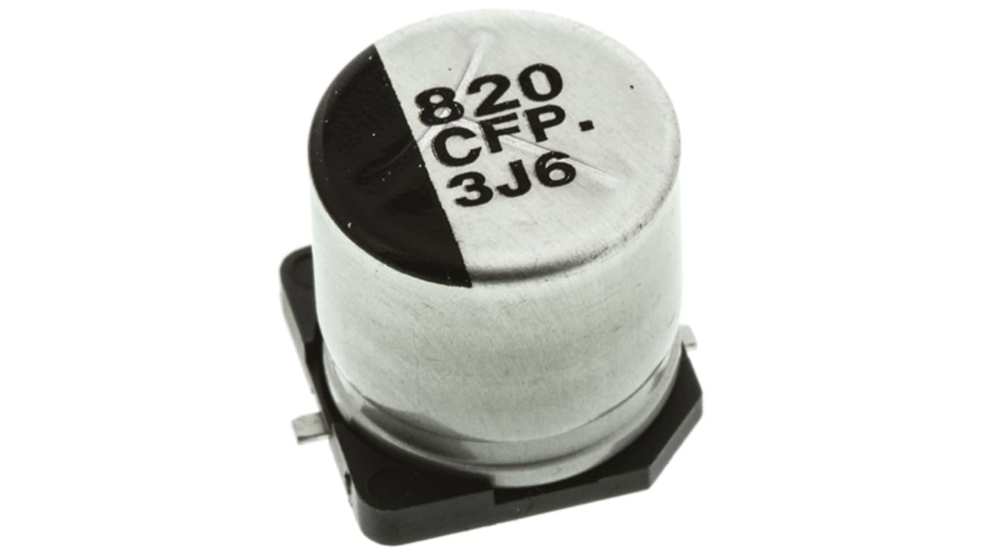 Condensador electrolítico Panasonic serie FP SMD, 820μF, ±20%, 16V dc, mont. SMD, 10 (Dia.) x 10.2mm