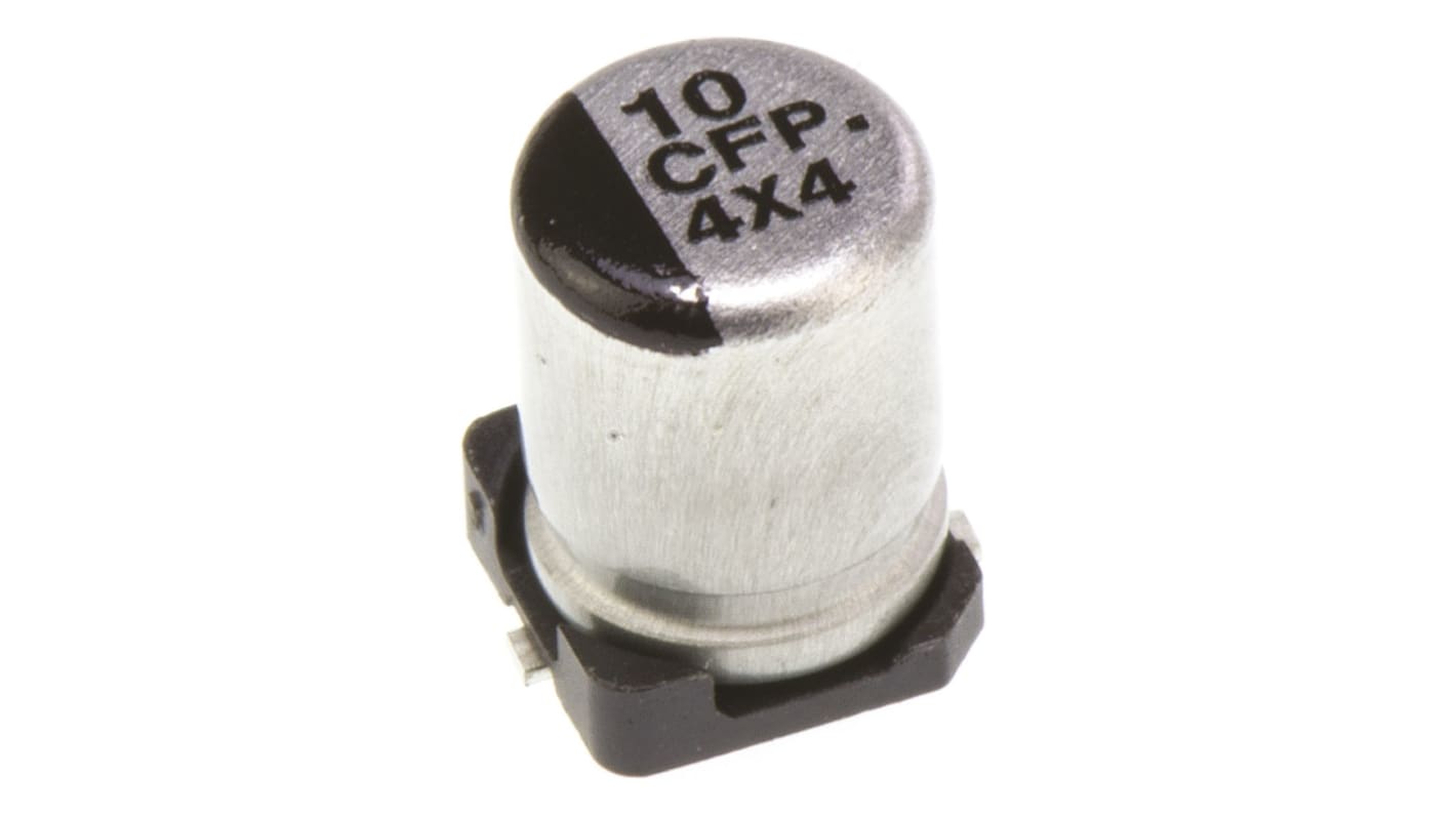 Condensador electrolítico Panasonic serie FP SMD, 10μF, ±20%, 16V dc, mont. SMD, 4 (Dia.) x 5.8mm