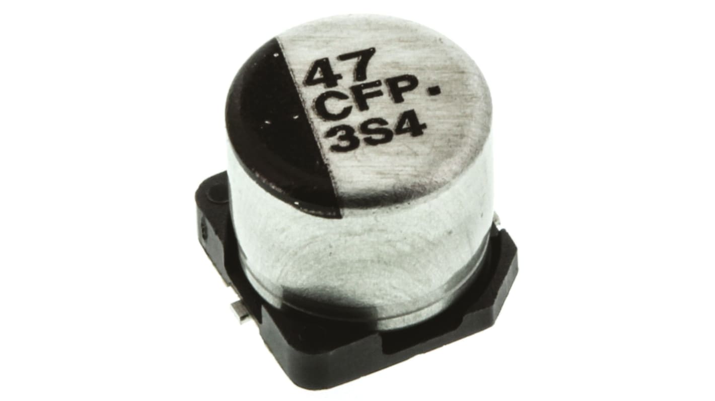 Condensador electrolítico Panasonic serie FP SMD, 47μF, ±20%, 16V dc, mont. SMD, 6.3 (Dia.) x 5.8mm