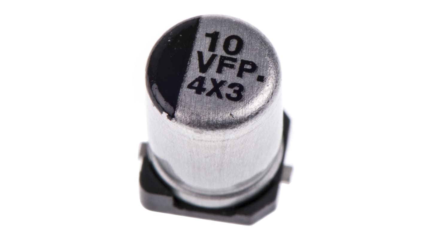 Condensador electrolítico Panasonic serie FP SMD, 10μF, ±20%, 35V dc, mont. SMD, 4 (Dia.) x 5.8mm