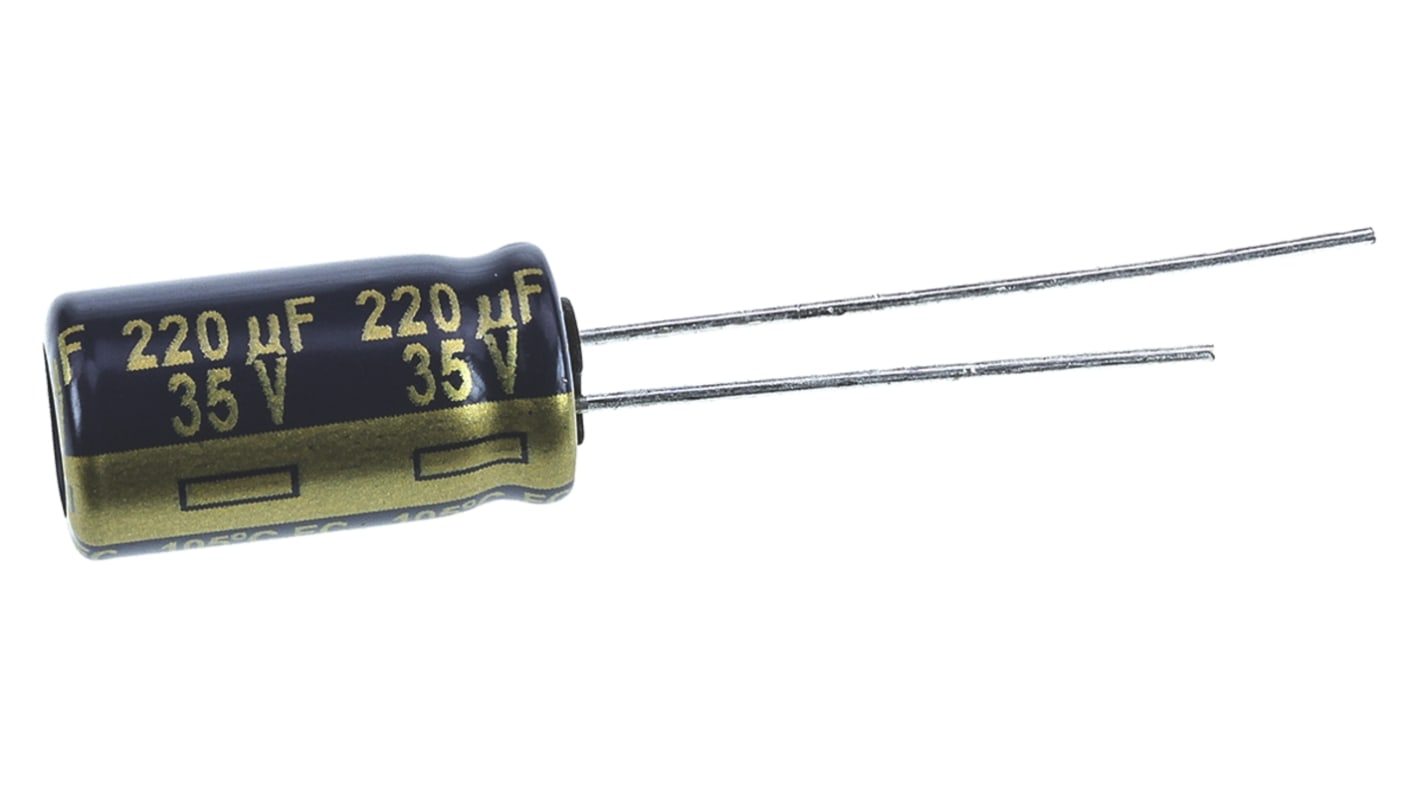 Condensador electrolítico Panasonic serie FC, 220μF, ±20%, 35V dc, Radial, Orificio pasante, 8 (Dia.) x 15mm, paso 3.5mm