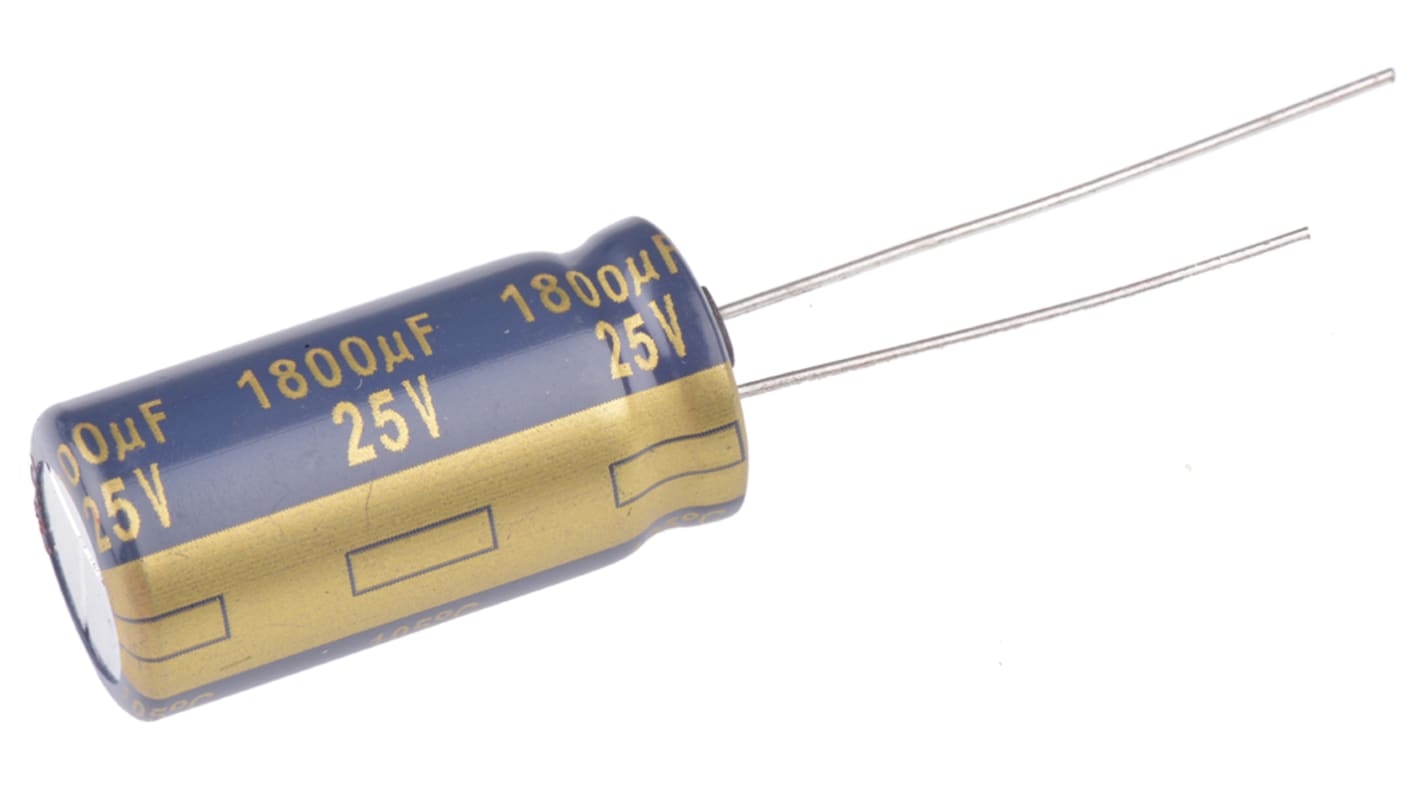 Condensador electrolítico Panasonic serie FK Radial, 1800μF, ±20%, 25V dc, mont. pasante, 12.5 (Dia.) x 25mm, paso 5mm