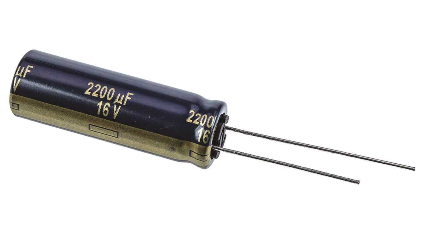 Condensador electrolítico Panasonic serie FK Radial, 2200μF, ±20%, 16V dc, Radial, Orificio pasante, 10 (Dia.) x 30mm,