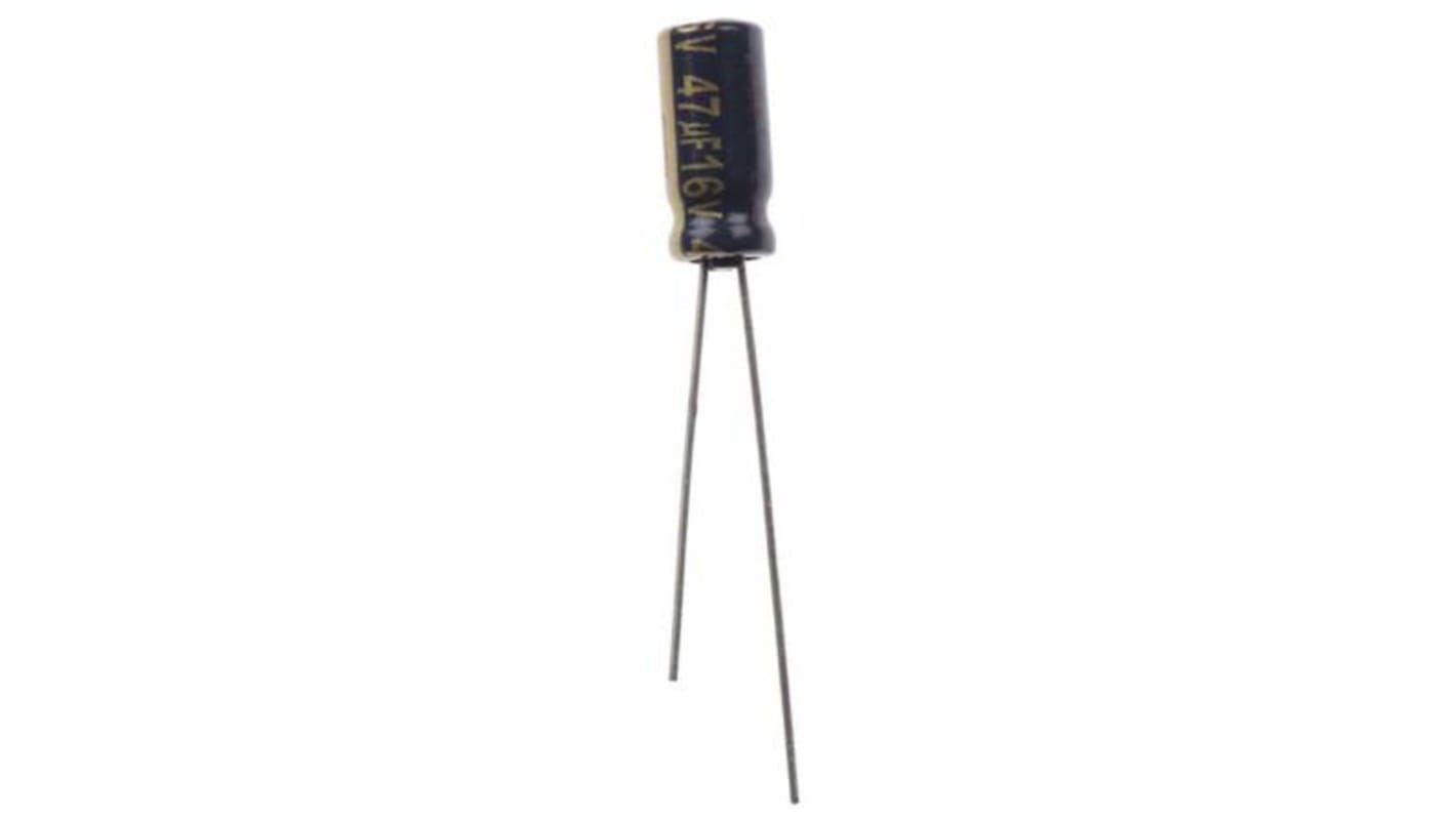 Condensador electrolítico Panasonic serie FC Radial, 47μF, ±20%, 16V dc, Radial, Orificio pasante, 5 (Dia.) x 11mm,