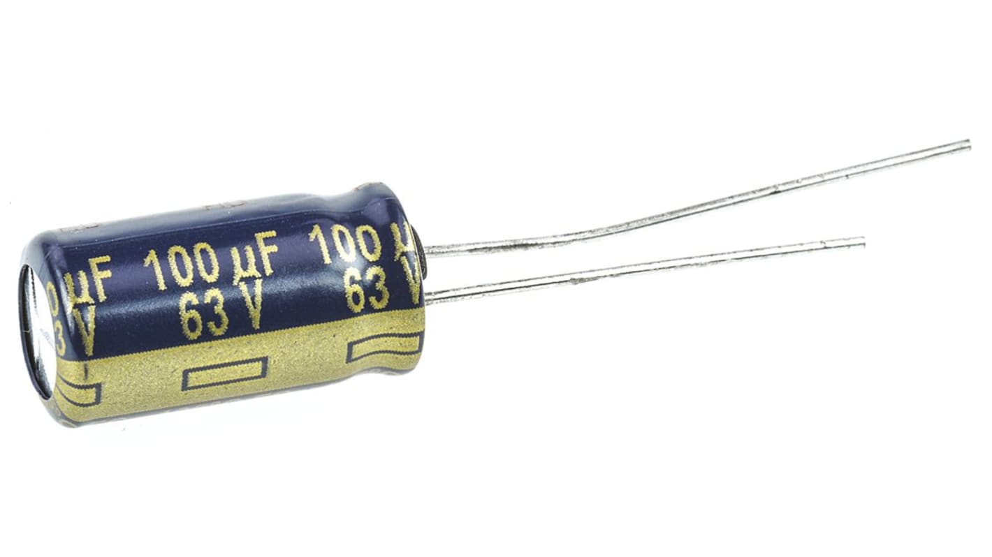 Panasonic 100μF Aluminium Electrolytic Capacitor 63V dc, Radial, Through Hole - EEUFC1J101L