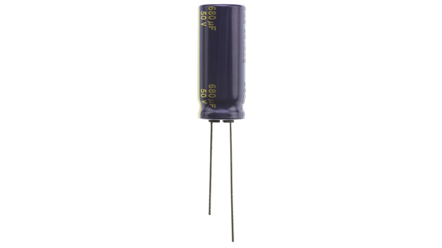 Condensador electrolítico Panasonic serie FC, 680μF, ±20%, 50V dc, Radial, Orificio pasante, 12.5 (Dia.) x 30mm, paso