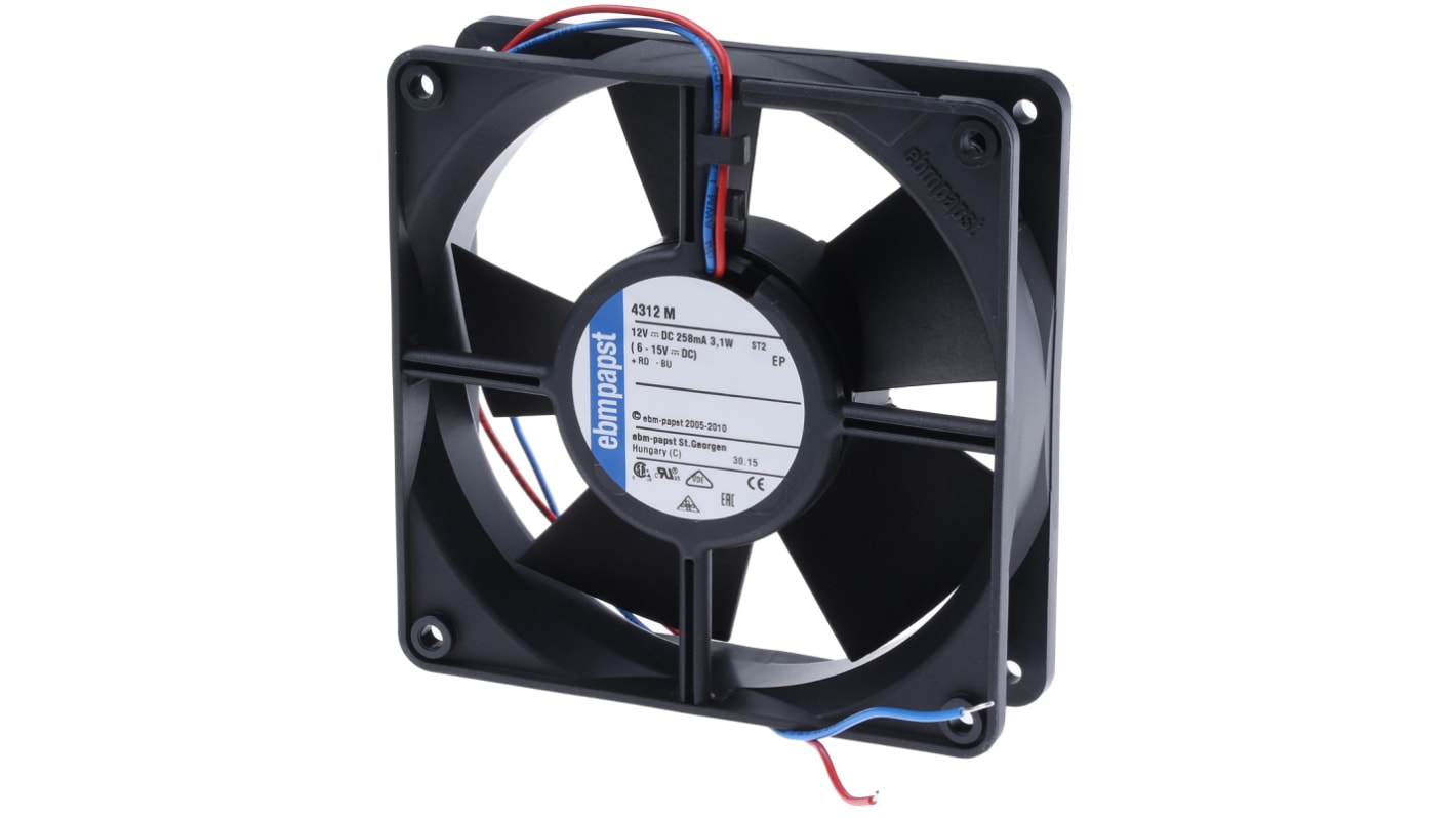 ebm-papst 4300 Series Axial Fan, 12 V dc, DC Operation, 140m³/h, 3.1W, 220mA Max, 119 x 119 x 32mm