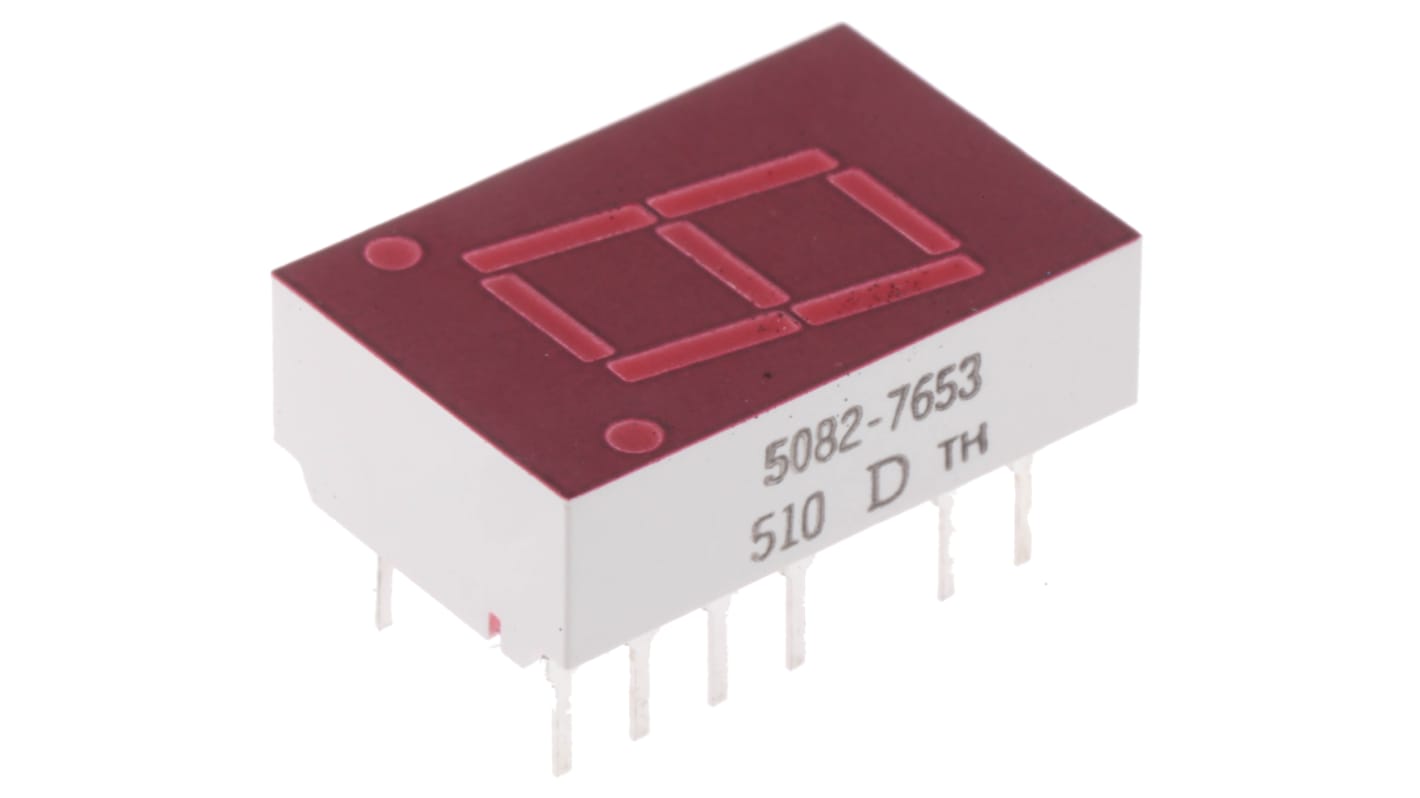 Display LED 7 segmentos Broadcom de 1 caract., Rojo, Vf= 2,1 V, cátodo común, mont. pasante