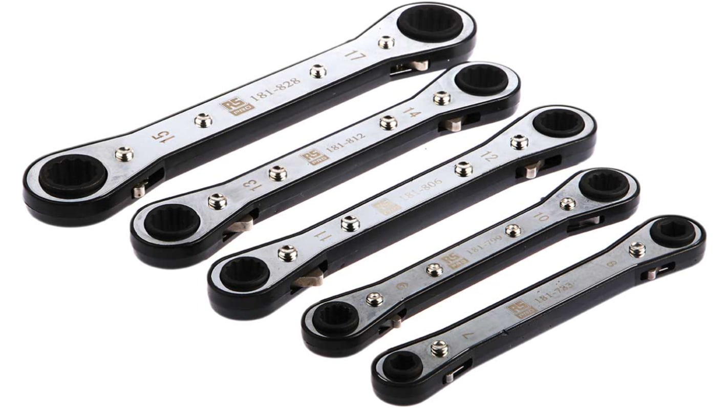 RS PRO 5-Piece Spanner Set, 7 x 8 → 15 x 17 mm, Chrome Vanadium Steel