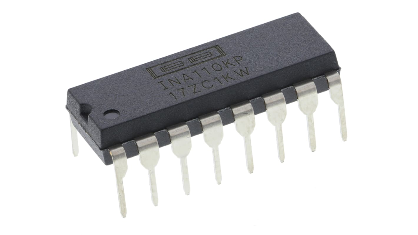 Texas Instruments INA110KP Hangszererősítő, 500μV eltolási feszültség, 2.5MHz 106dB CMRR, 16-tüskés PDIP