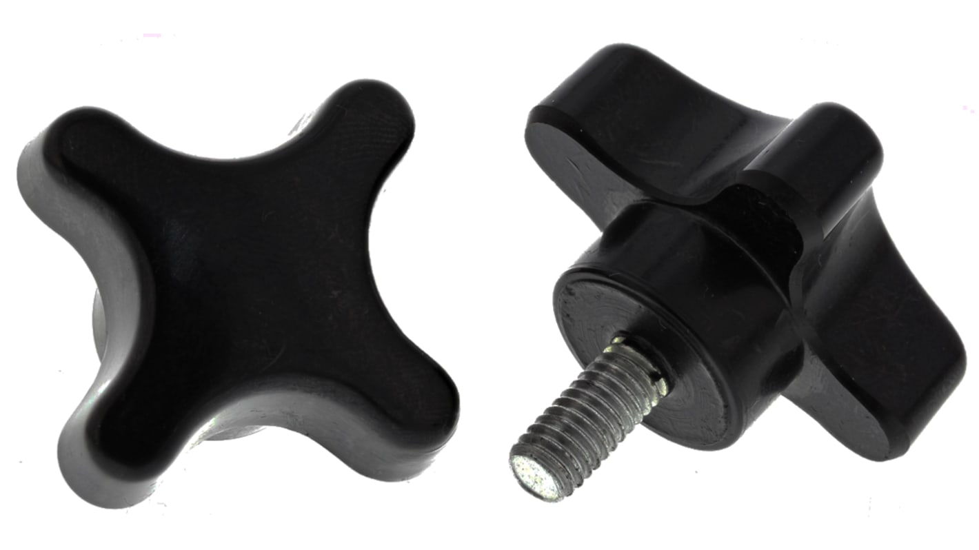 RS PRO Black 4-Arm Clamping Knob, M6, Threaded Stud