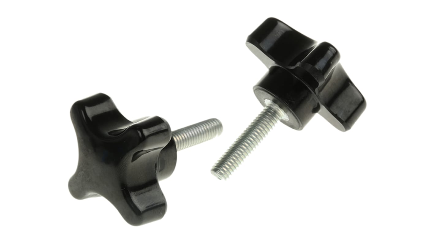 RS PRO Black 4-Arm Clamping Knob, M6, Threaded Stud