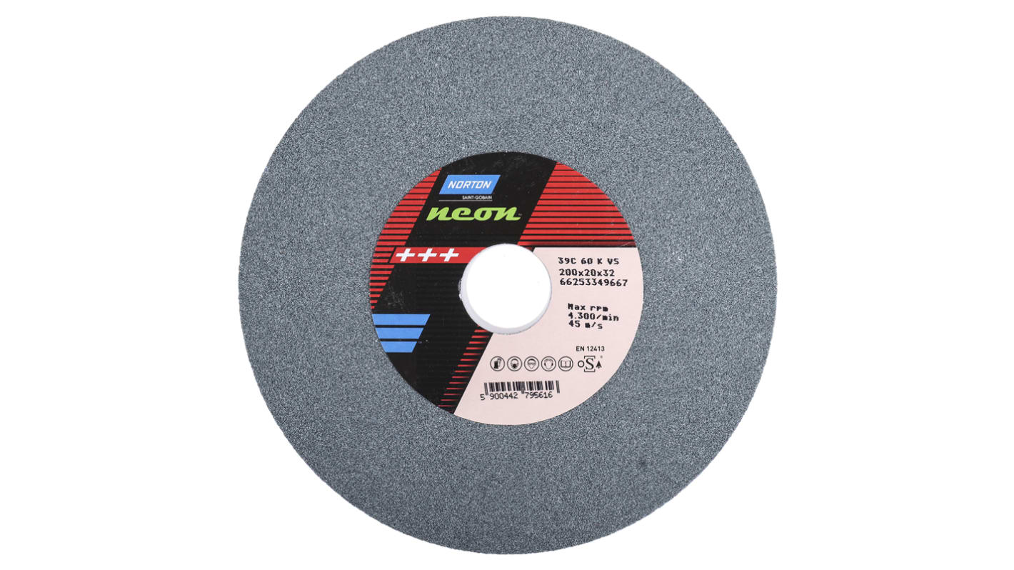 Meule abrasive, Dia. 200mm x 20mm Norton, grain P60, Carbure de Silicium, 3340tr/min