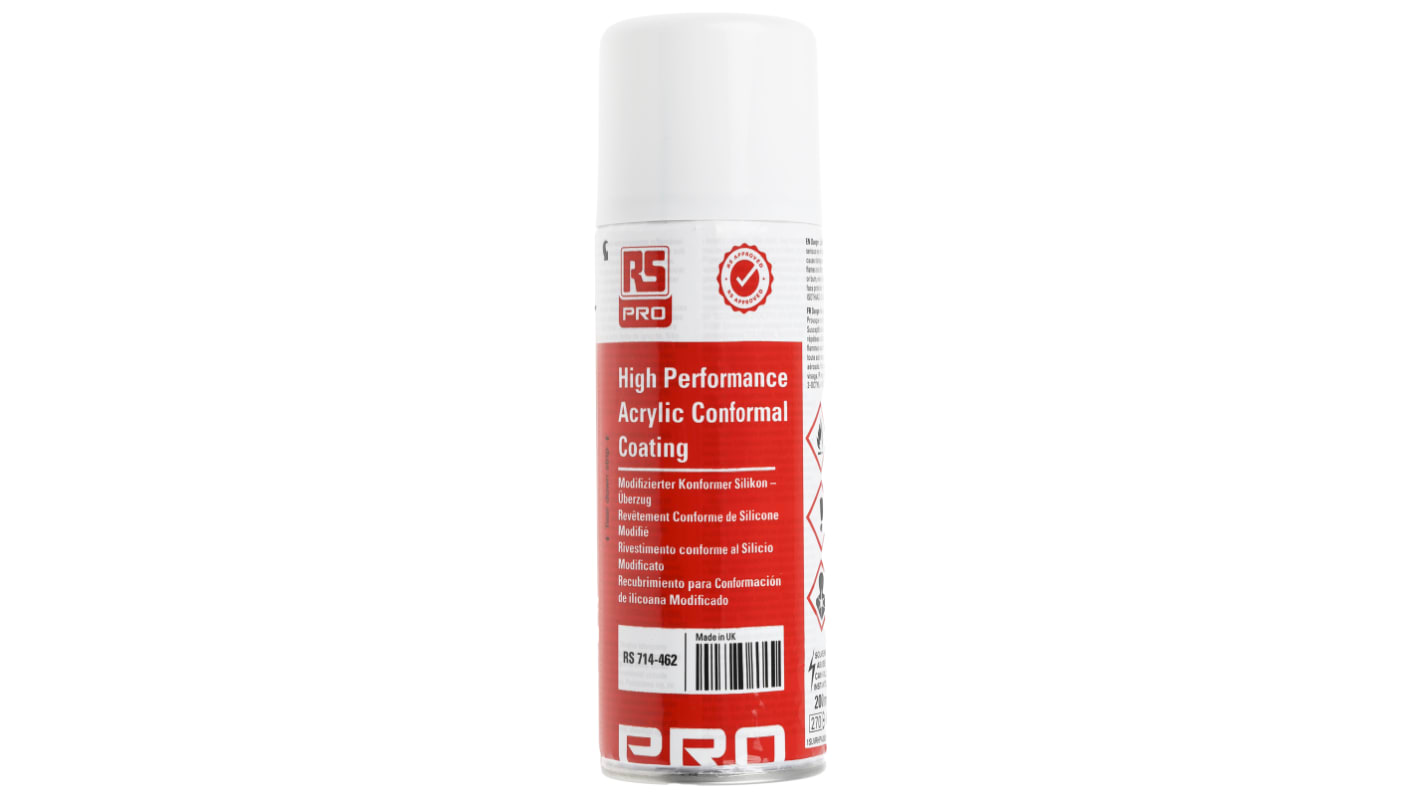 RS PRO Transparent Acrylic Resin Conformal Coating, 200 ml Aerosol, -55°C min, +130°C max