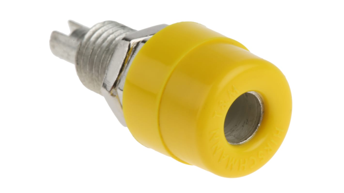 Hirschmann 4 mm Bananenbuchse Gelb, Kontakt verzinnt, 30 V ac, 60V dc / 32A, Lötanschluss