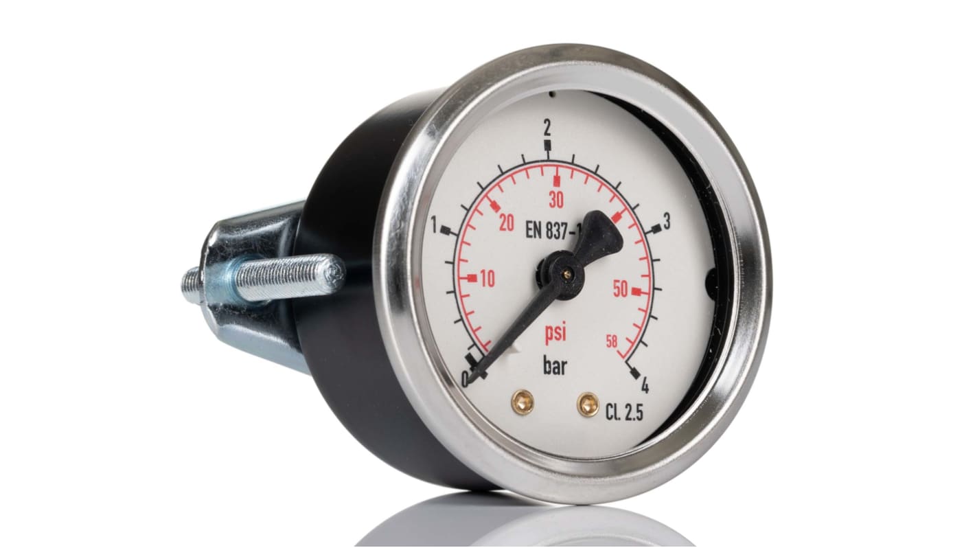 8587702 RS PRO Analogue Pressure Gauge 4bar Back Entry, UKAS, 0bar