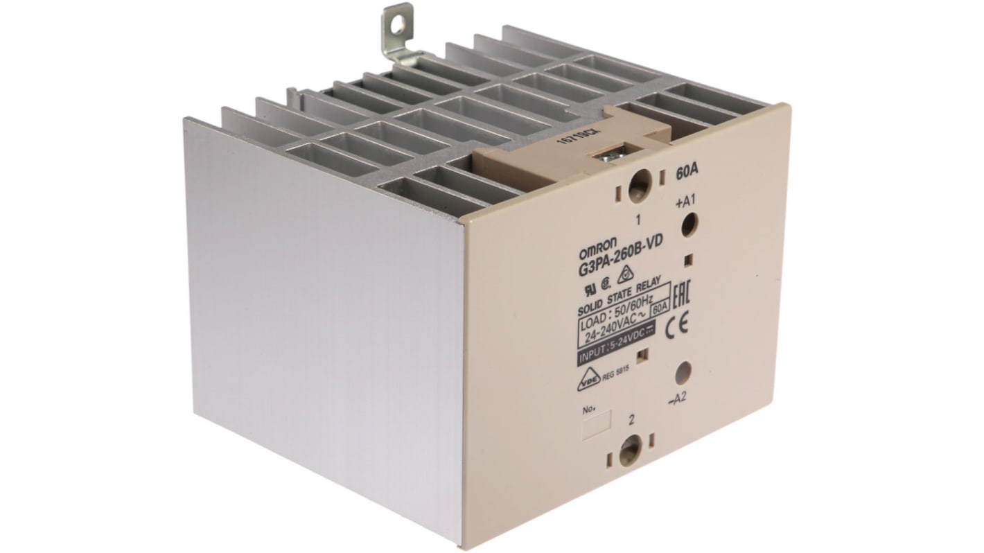 Relé de estado sólido Omron G3PA, control 4 → 30 V dc, carga 19 → 264V ac, 60 A máx., montaje en panel