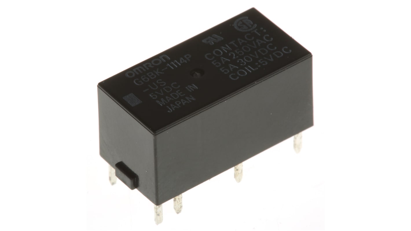 Omron PCB Mount Latching Power Relay, 5V dc Coil, 5A Switching Current, SPST