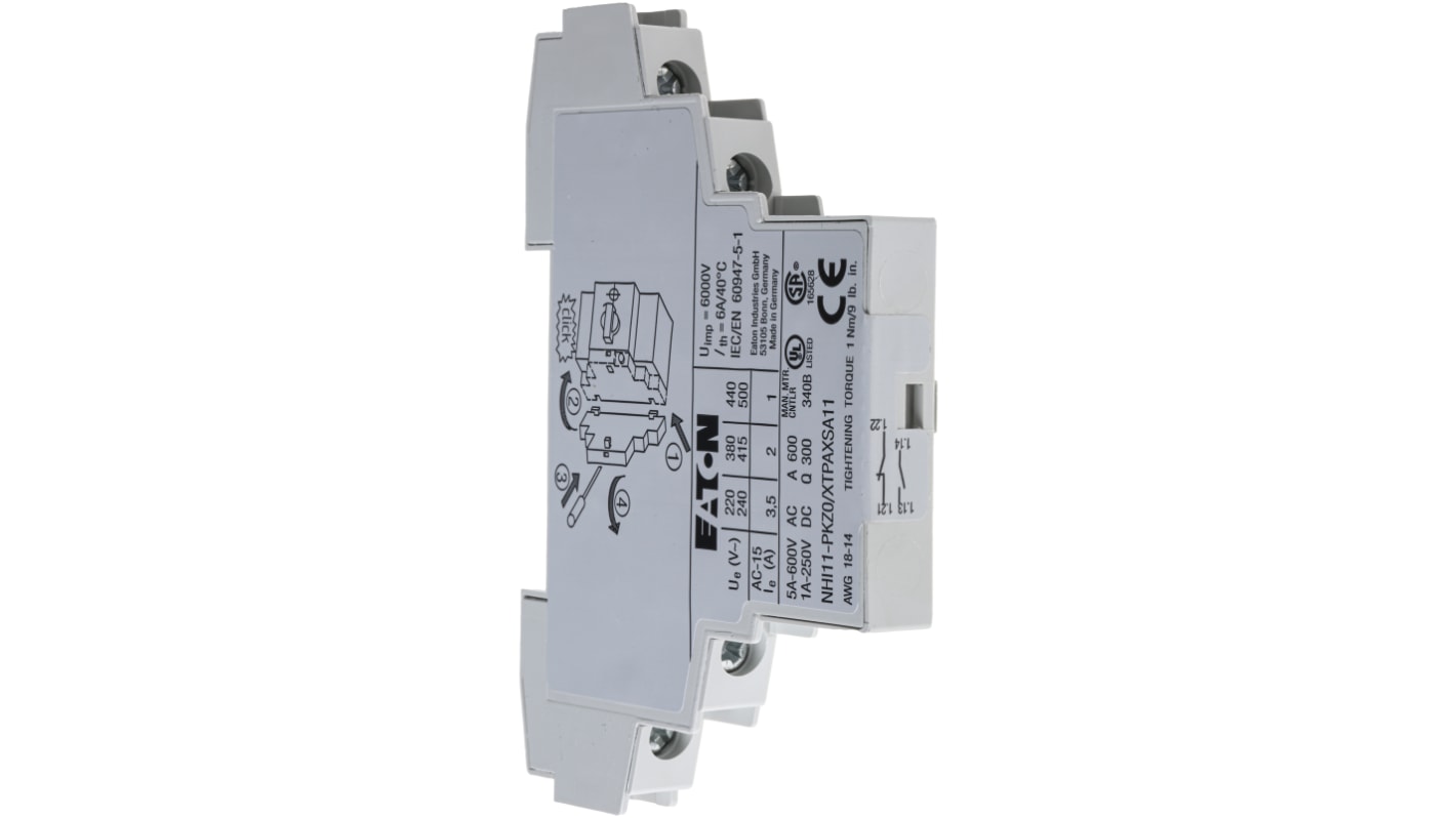 Contacto auxiliar Eaton NHI11, montaje: Side Mount, terminal: Screw, 1NC + 1NA, 220 V dc, 500 V ac, 2 A dc, 3.5 A ac