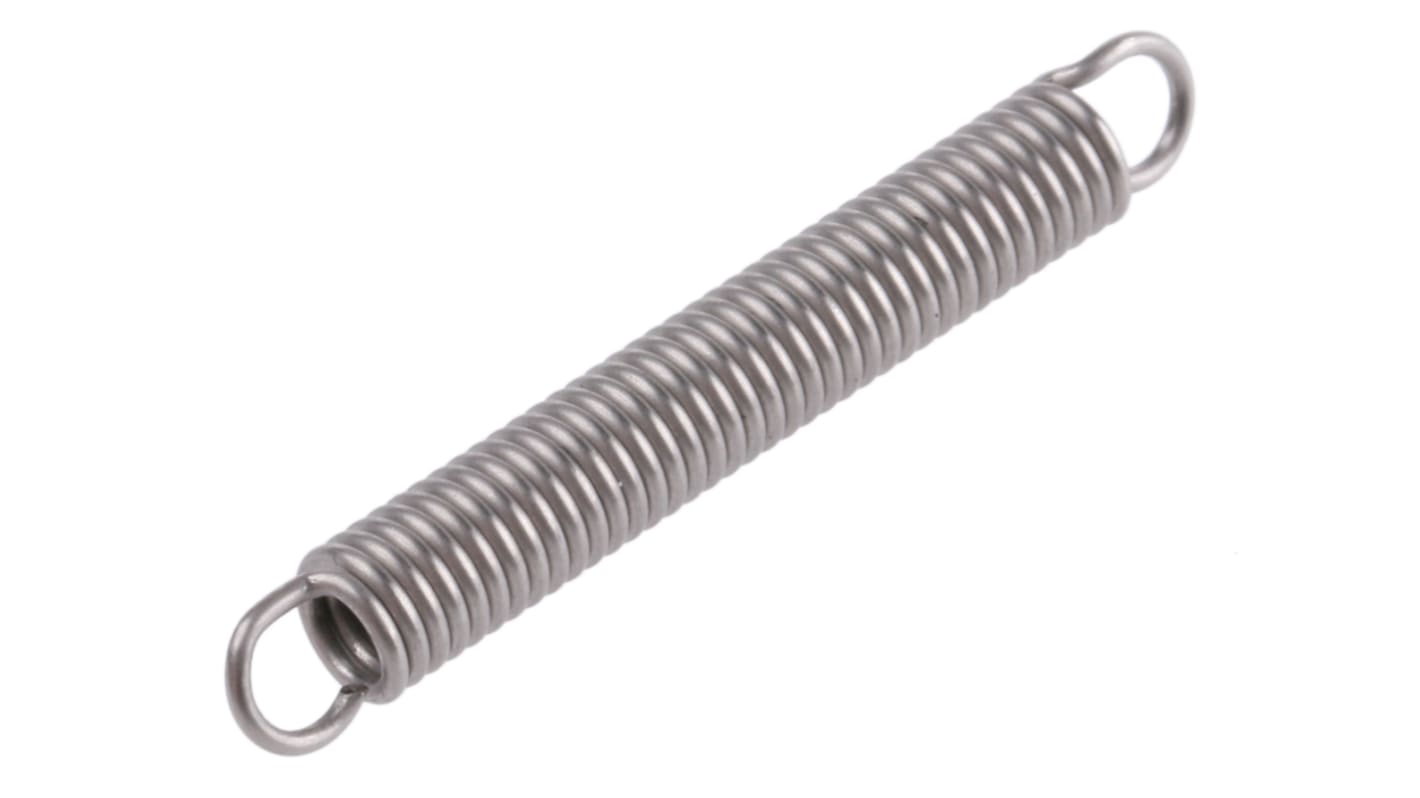 Muelle de tracción RS PRO de acero inox, Ø ext. 3.5mm, L. libre 26.40mm, L. máx. 41.10mm, Ø alambre. 0.55mm, "K"