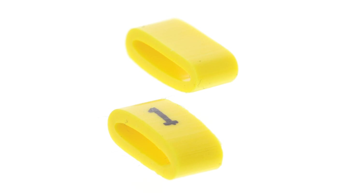 HellermannTyton Sort på gul Slide-on Kabelmærker, pakke med 500, L: 4.5mm, Bredde: 4 mm, fortrykt:"1"