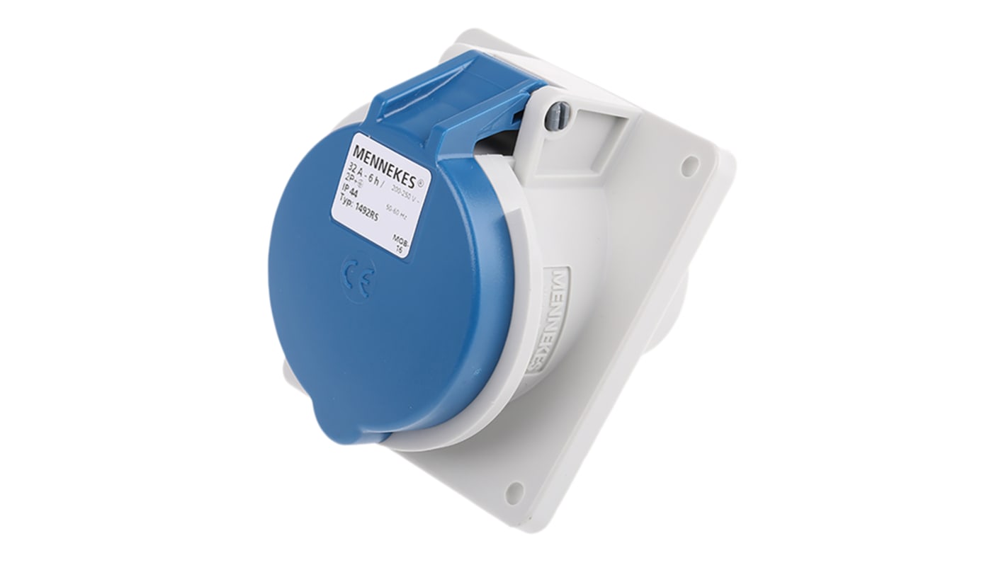 Conector de potencia industrial Hembra, Formato 3P, Orientación En Ángulo, Azul, 230 V, 32A, IP44